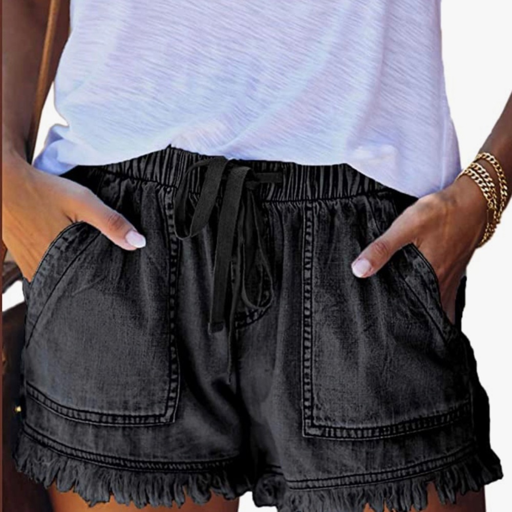 Womens XL black casual denim fringed shorts